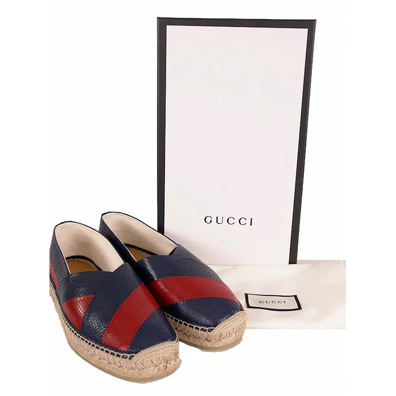 8.5G US 9 NEW $615 GUCCI Men's Blue Red PERFORATED LEATHER Flats ESPADRILLES NIB