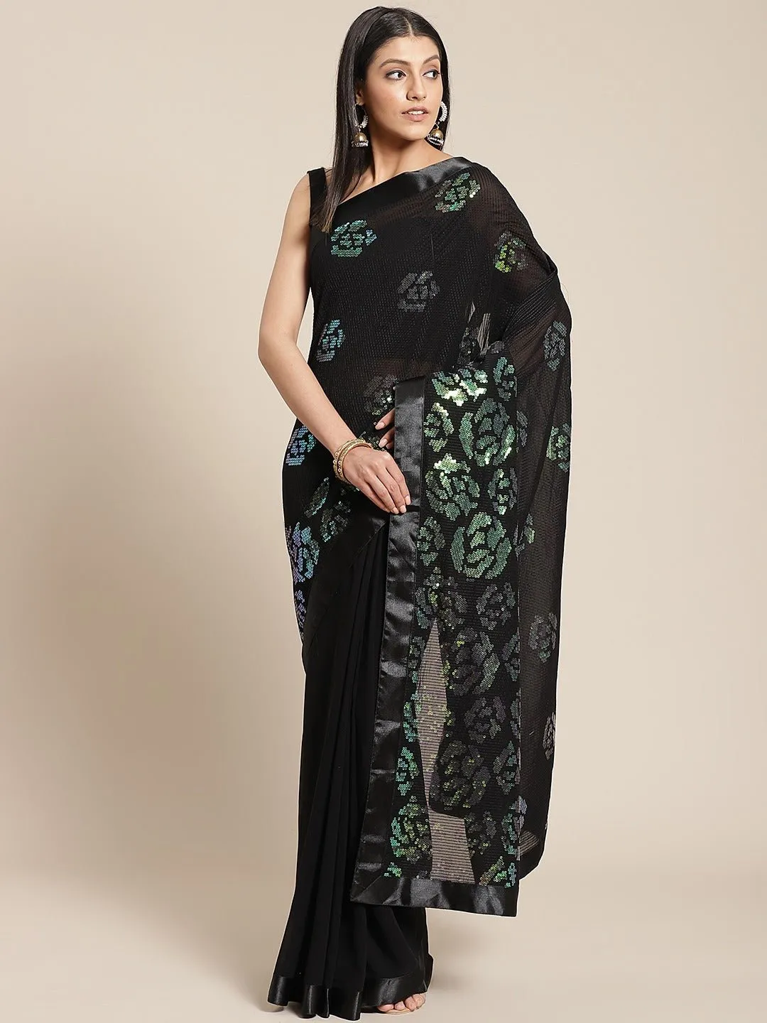 Black & Green Ready to Wear Embellished One Minute Saree