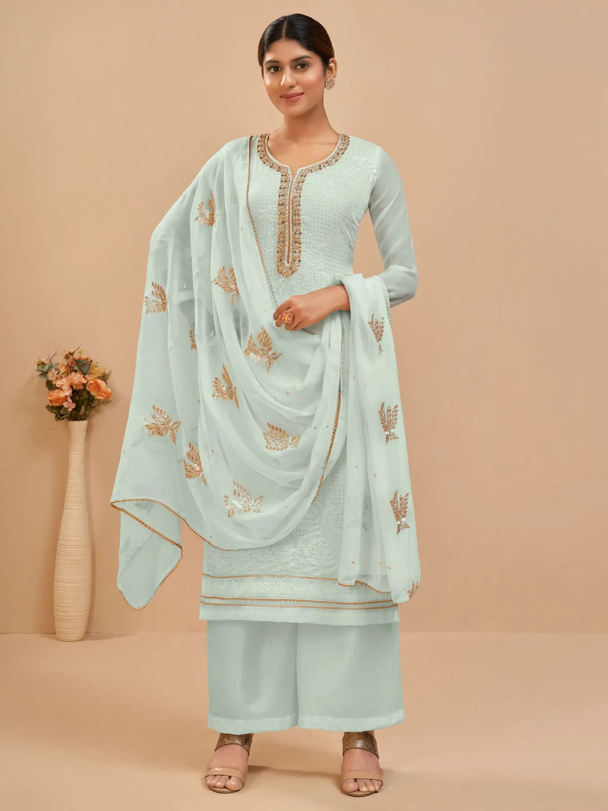 Blue Multi Embroidered Pakistani Palazzo Style Suit