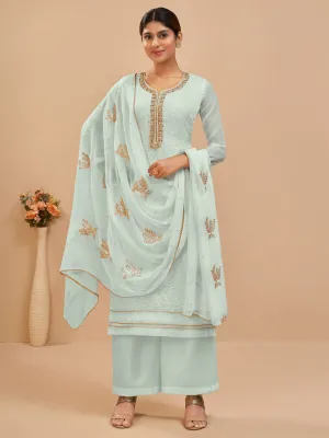 Blue Multi Embroidered Pakistani Palazzo Style Suit