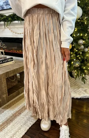 Boho Satin Maxi Skirt - Beige