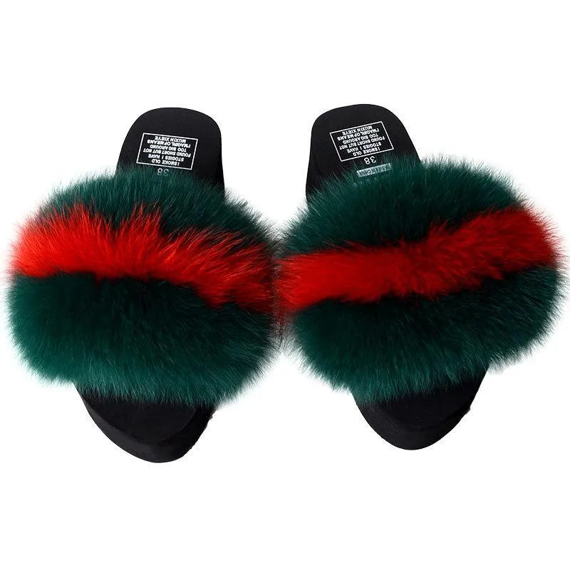 Chicvane Women's Color Block Fox Fur Open Toe Fluffy Platform Slide Sleeper
