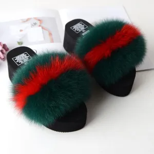 Chicvane Women's Color Block Fox Fur Open Toe Fluffy Platform Slide Sleeper