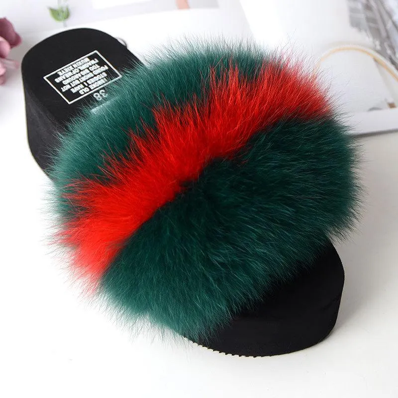 Chicvane Women's Color Block Fox Fur Open Toe Fluffy Platform Slide Sleeper