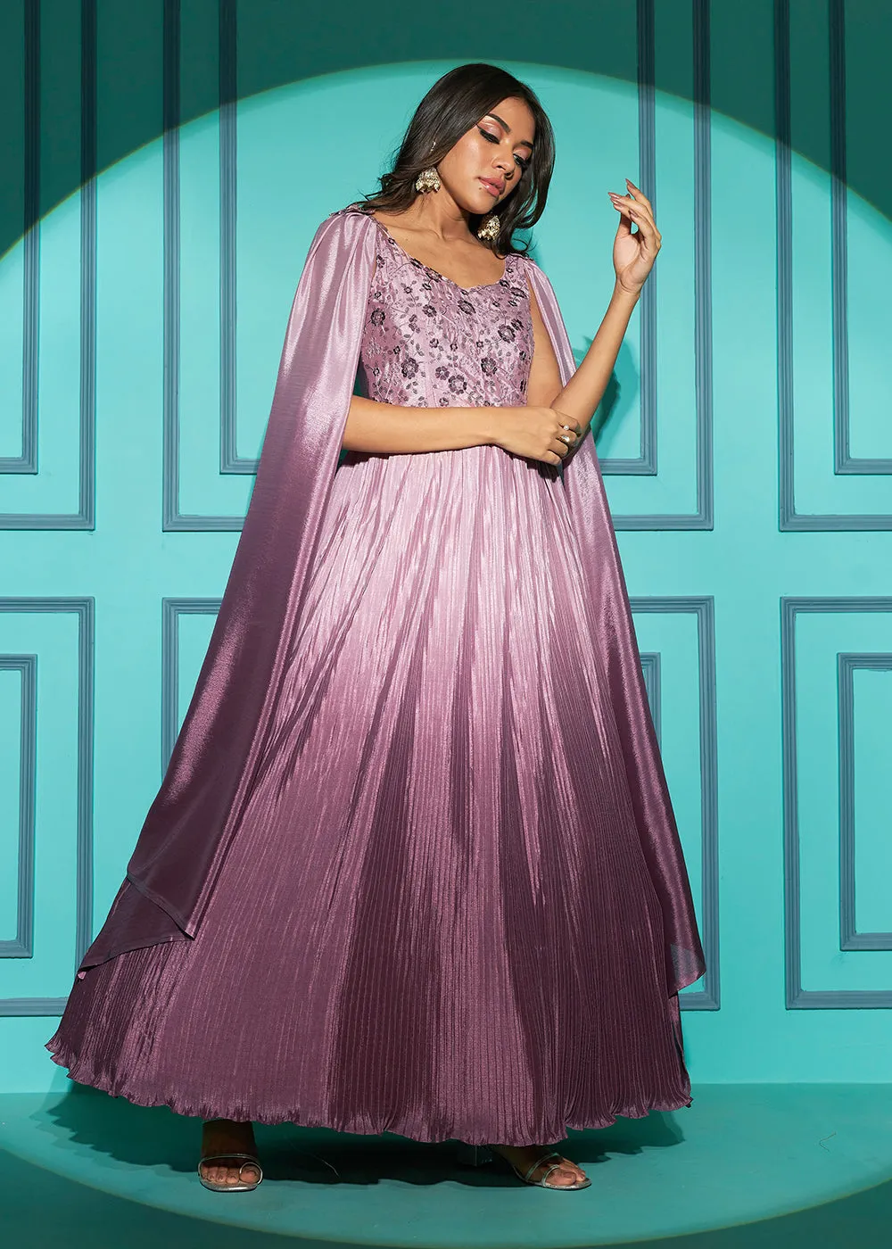 Chinon Exquisite Peach Sequins & Thread Party Wear Gown