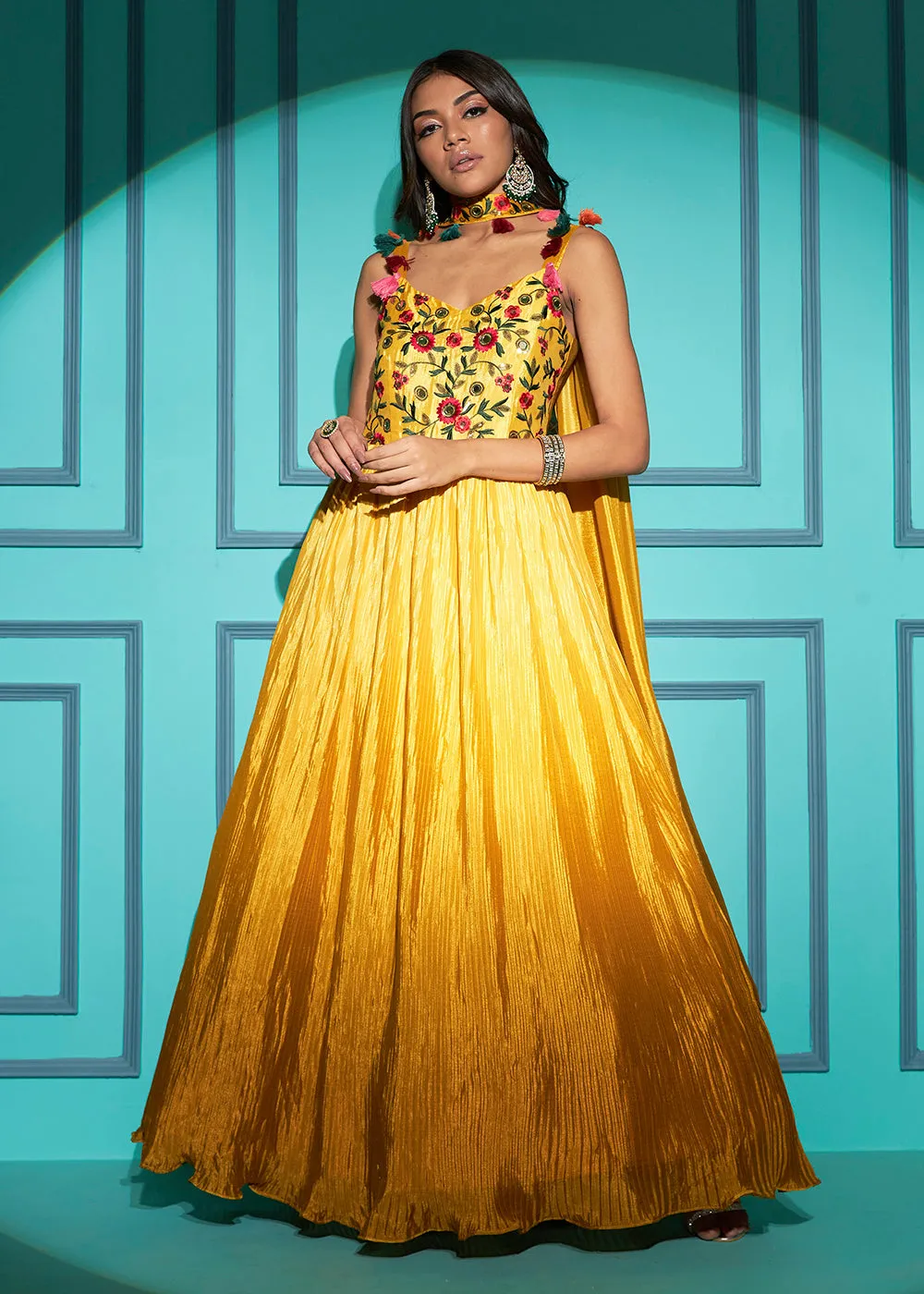 Chinon Exquisite Yellow Sequins & Thread Party Wear Gown