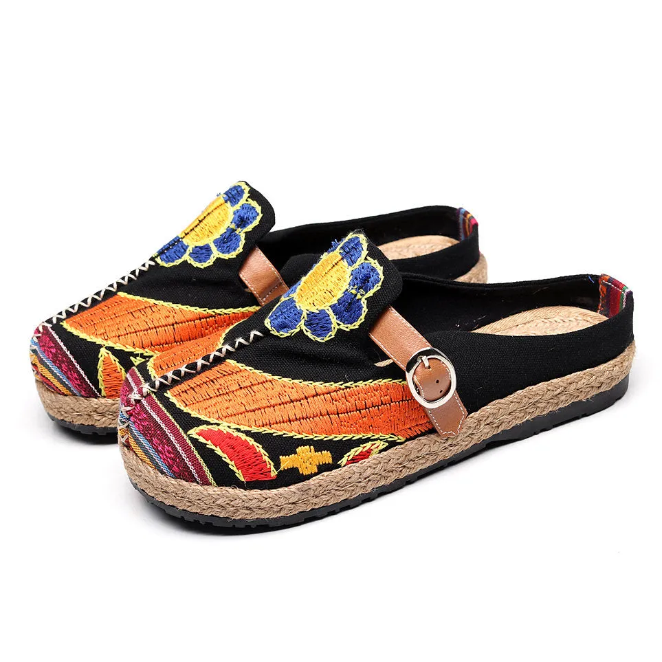 Colorful Embroidered Buckle Folkways Backless Loafers For Women