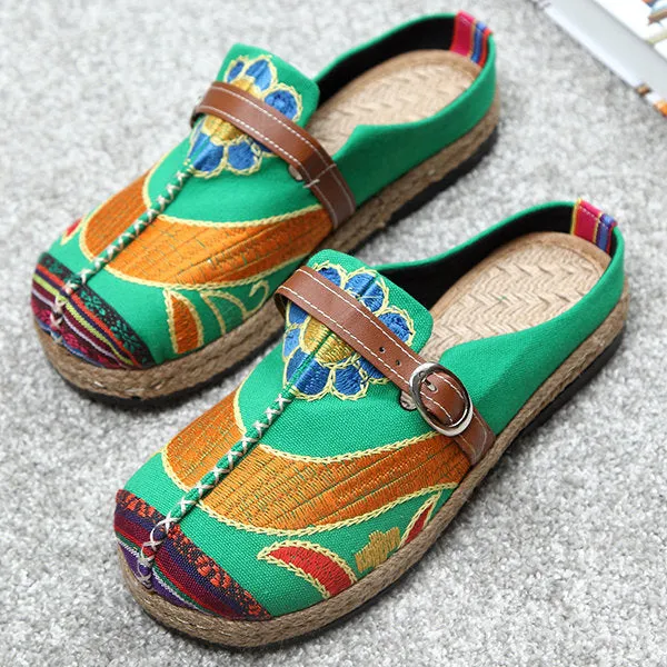 Colorful Embroidered Buckle Folkways Backless Loafers For Women