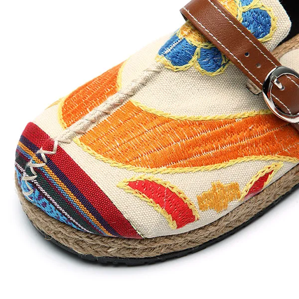 Colorful Embroidered Buckle Folkways Backless Loafers For Women