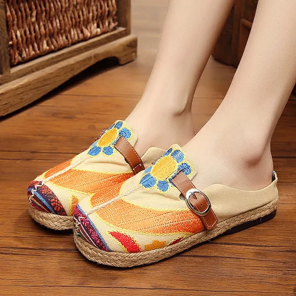 Colorful Embroidered Buckle Folkways Backless Loafers For Women