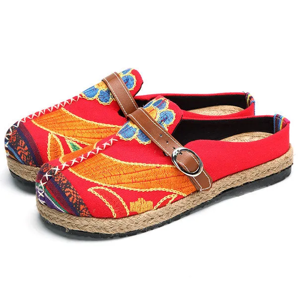 Colorful Embroidered Buckle Folkways Backless Loafers For Women