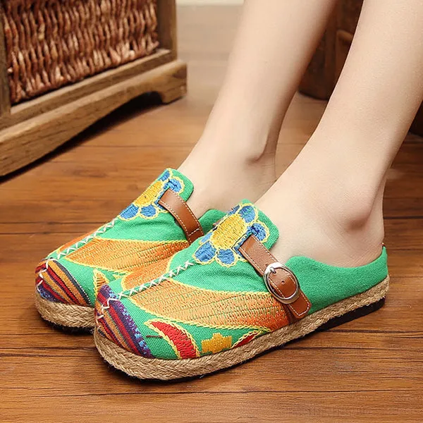 Colorful Embroidered Buckle Folkways Backless Loafers For Women