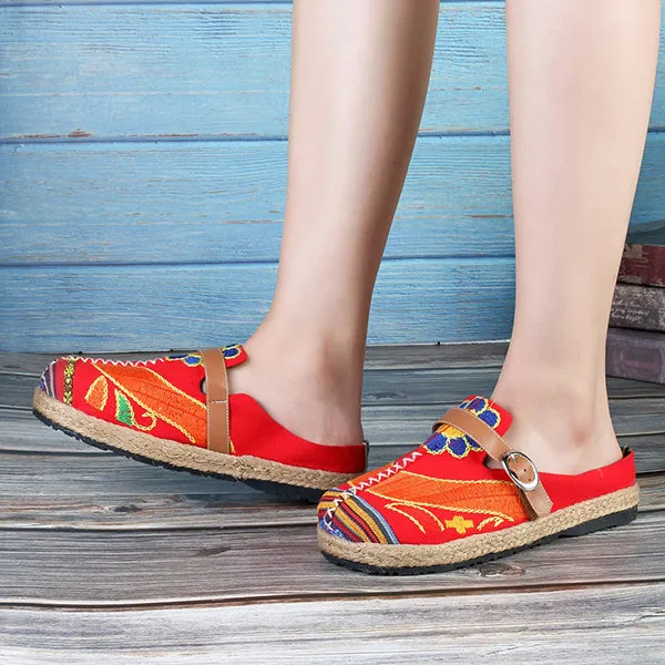 Colorful Embroidered Buckle Folkways Backless Loafers For Women
