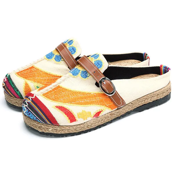 Colorful Embroidered Buckle Folkways Backless Loafers For Women