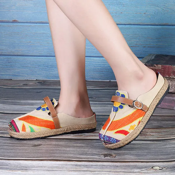 Colorful Embroidered Buckle Folkways Backless Loafers For Women