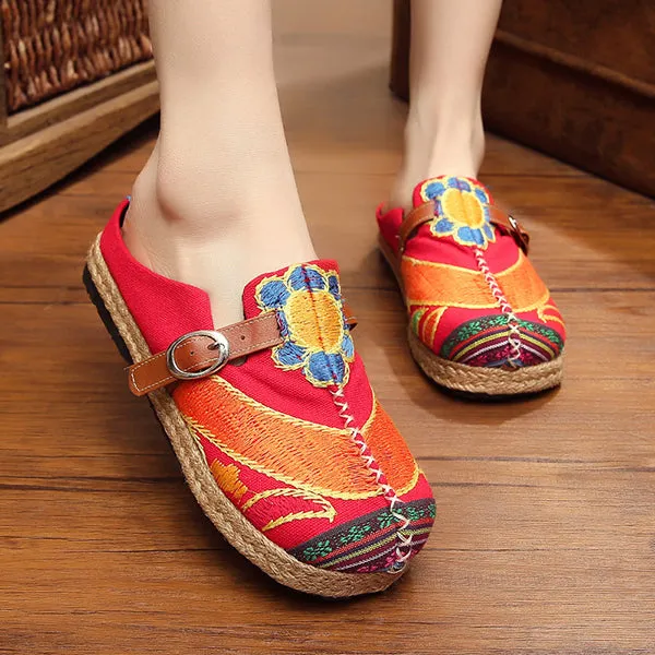 Colorful Embroidered Buckle Folkways Backless Loafers For Women