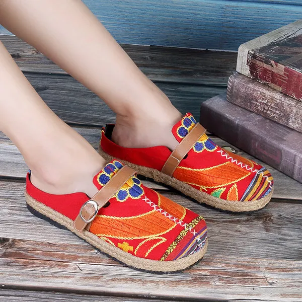 Colorful Embroidered Buckle Folkways Backless Loafers For Women