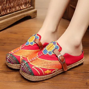Colorful Embroidered Buckle Folkways Backless Loafers For Women