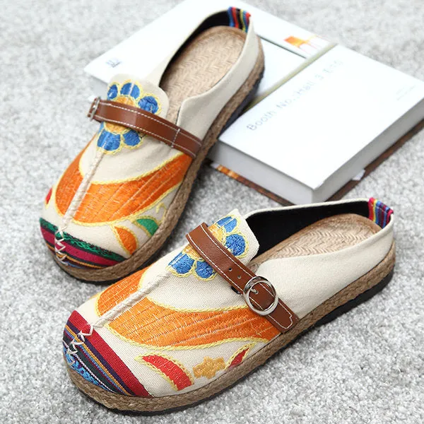 Colorful Embroidered Buckle Folkways Backless Loafers For Women
