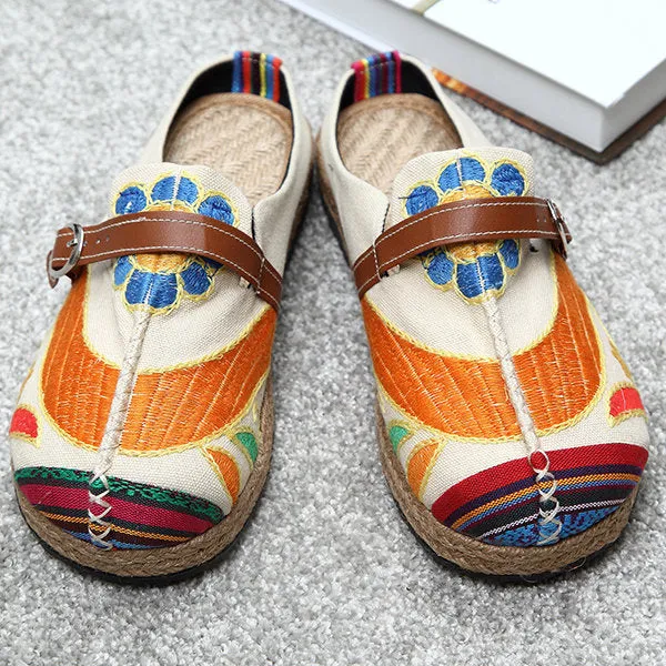 Colorful Embroidered Buckle Folkways Backless Loafers For Women