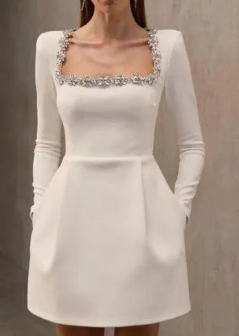 Elegant Square Neck A-Line Dress – Rhinestone Flower Design