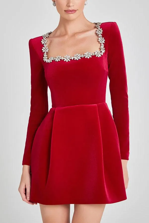 Elegant Square Neck A-Line Dress – Rhinestone Flower Design