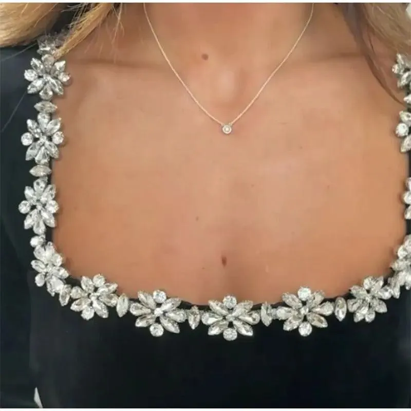 Elegant Square Neck A-Line Dress – Rhinestone Flower Design