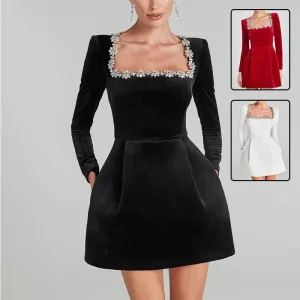 Elegant Square Neck A-Line Dress – Rhinestone Flower Design