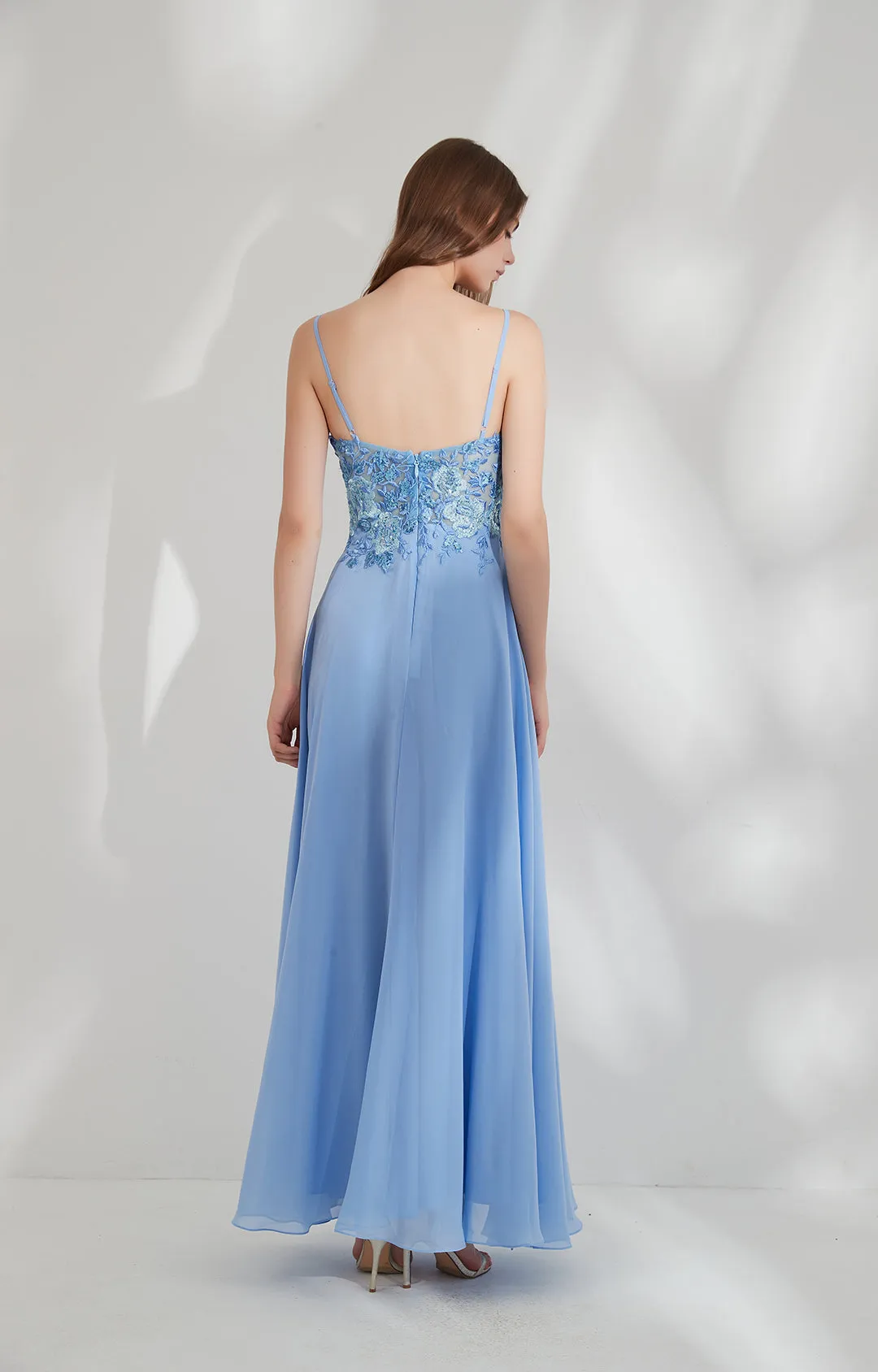 Floor-length Embroidery Floral Top Spaghetti Strap Chiffon Dresses