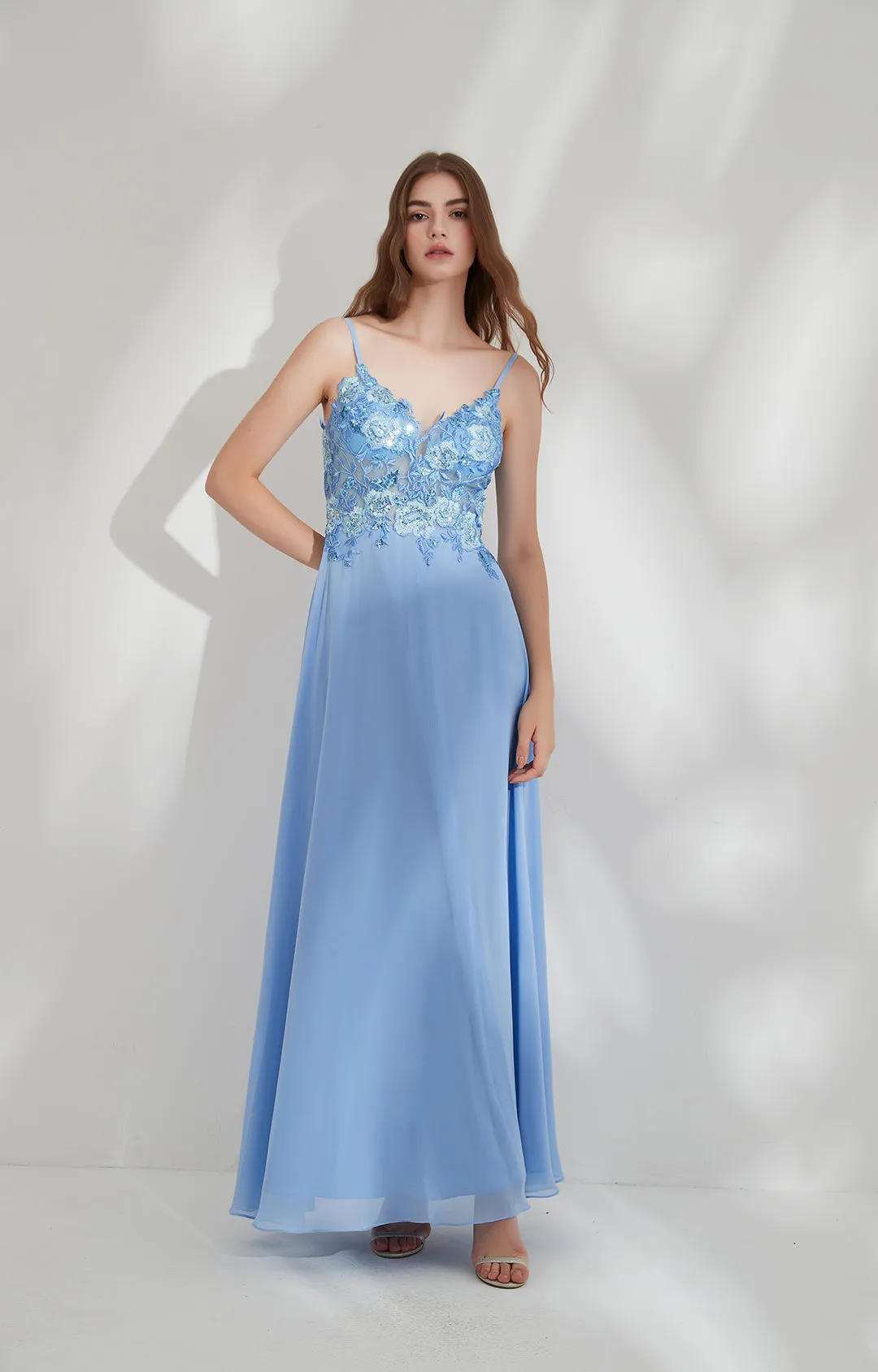Floor-length Embroidery Floral Top Spaghetti Strap Chiffon Dresses
