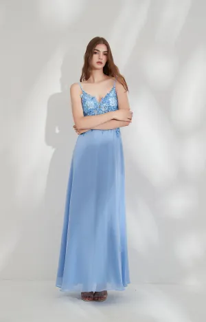 Floor-length Embroidery Floral Top Spaghetti Strap Chiffon Dresses