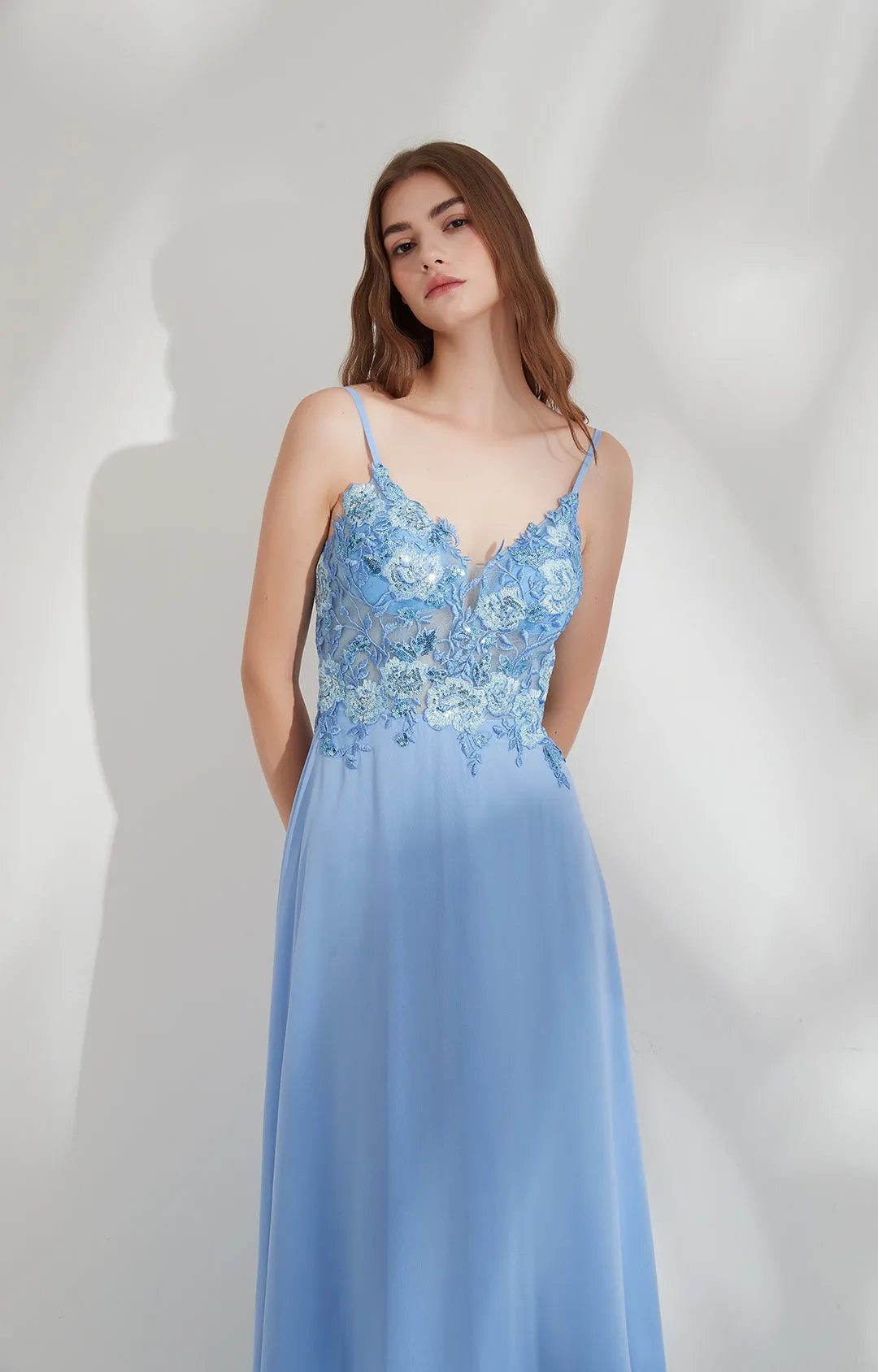 Floor-length Embroidery Floral Top Spaghetti Strap Chiffon Dresses