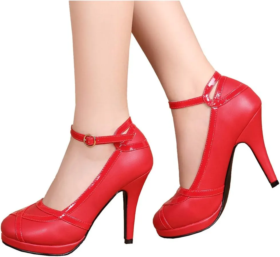 getmorebeauty Women's Vintage Retro Black and White Ankle Strappy Buckle Dress High Heels
