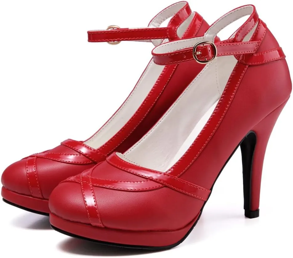 getmorebeauty Women's Vintage Retro Black and White Ankle Strappy Buckle Dress High Heels