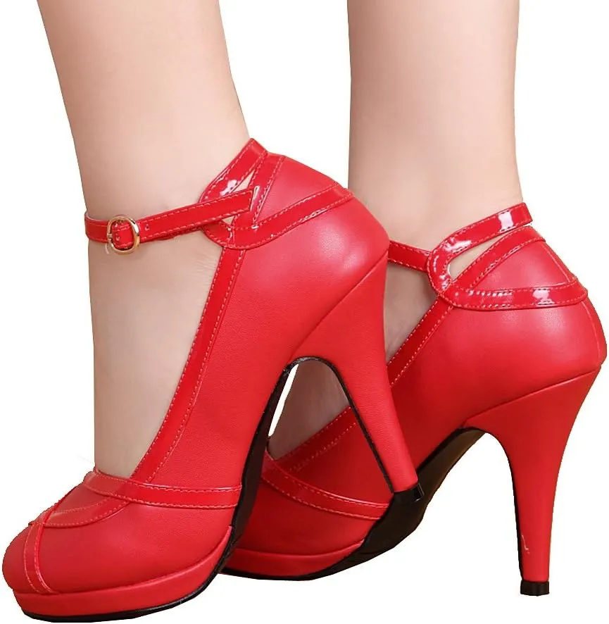 getmorebeauty Women's Vintage Retro Black and White Ankle Strappy Buckle Dress High Heels