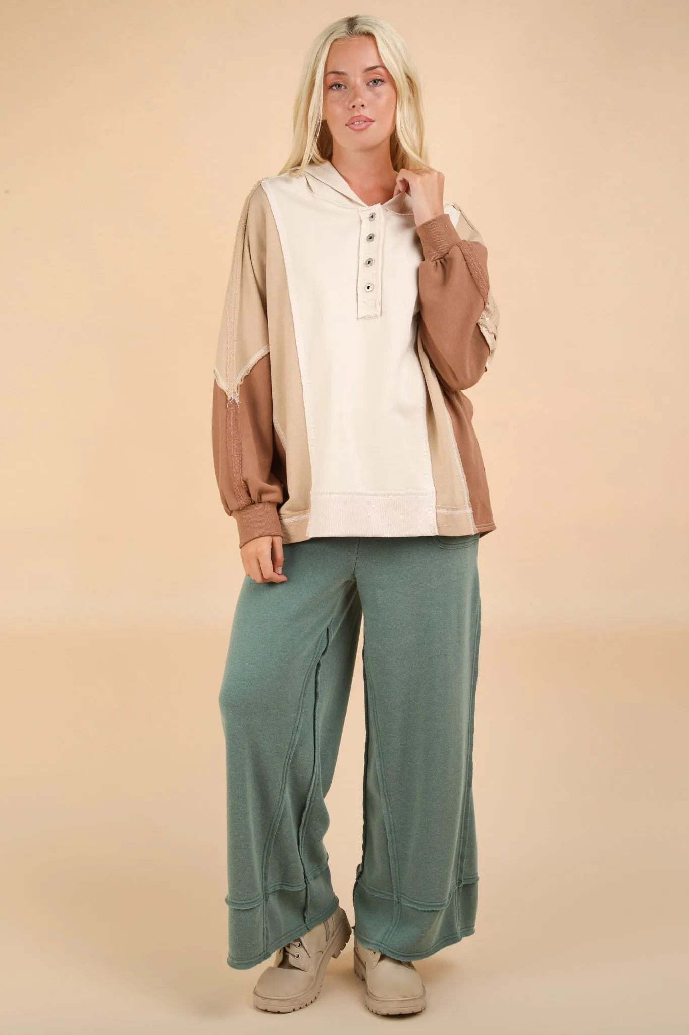Ivory Tan Mocha Colorblock Hoodie