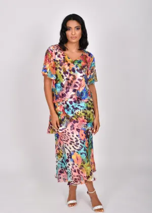 Multicoloured Tiered Silk Short Sleeve Dress