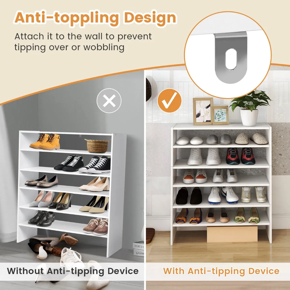 NNECW 6-Tier Home Storage Shelf for Shoes with Anti-toppling Device for Entryway