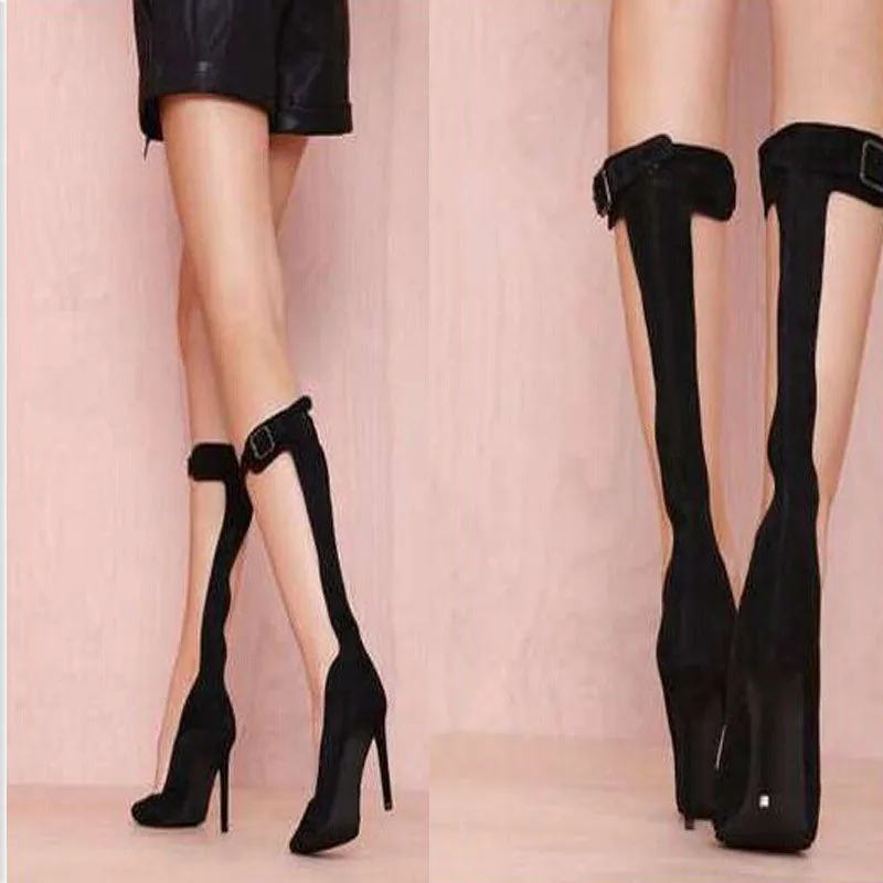 Party Black Rhinestone Buckle Point Toe Knee High Pumps