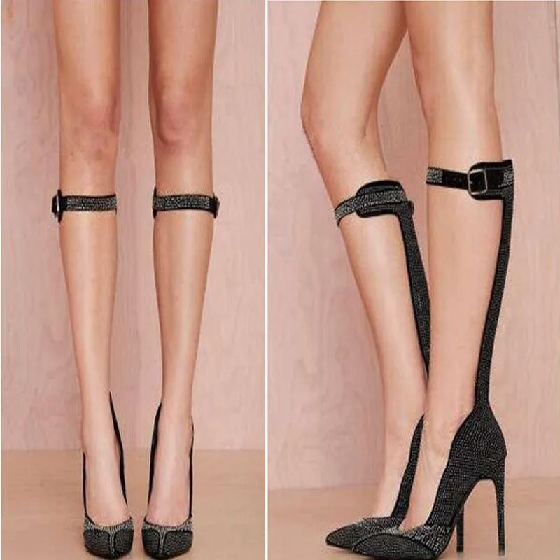 Party Black Rhinestone Buckle Point Toe Knee High Pumps