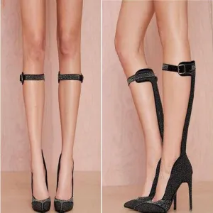 Party Black Rhinestone Buckle Point Toe Knee High Pumps