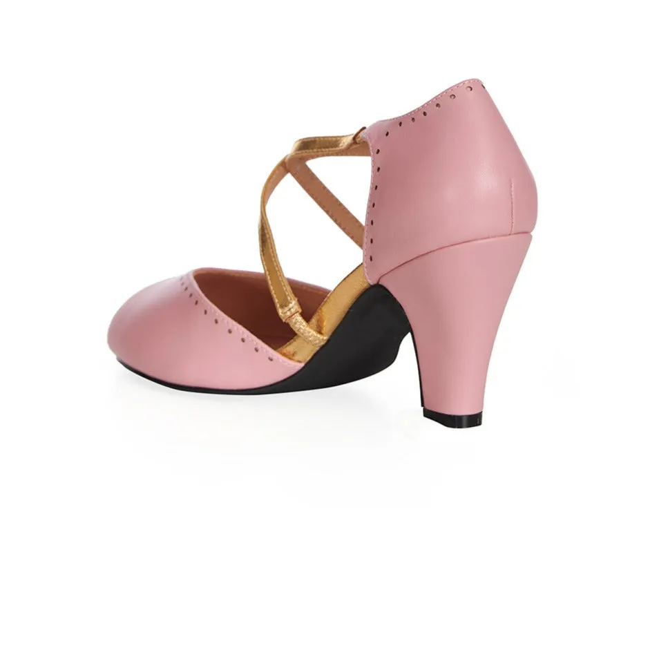 Pastel Pink Peep Toe Dance Shoes With Gold Crossover Strap Detail