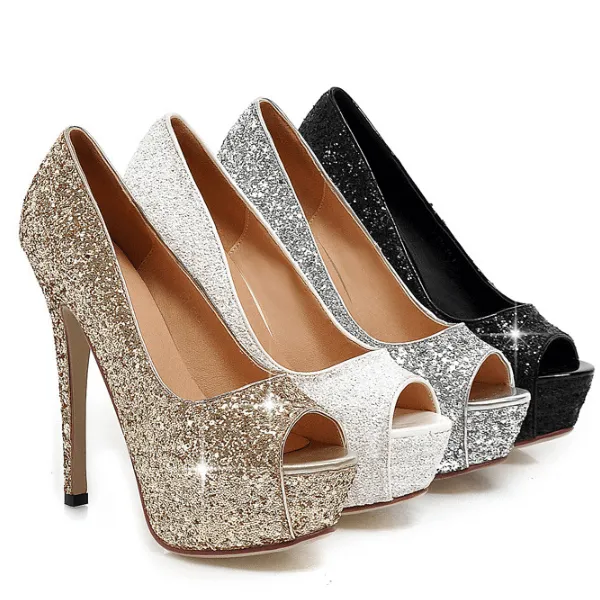 Platform Peep-toe Rhinestone Ankle Pumps