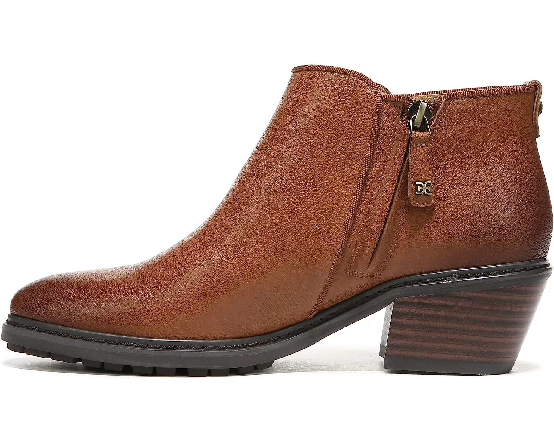 Sam Edelman Pryce Tawny Brown Leather Round Toe Stacked Heel Slip-on Ankle Boots