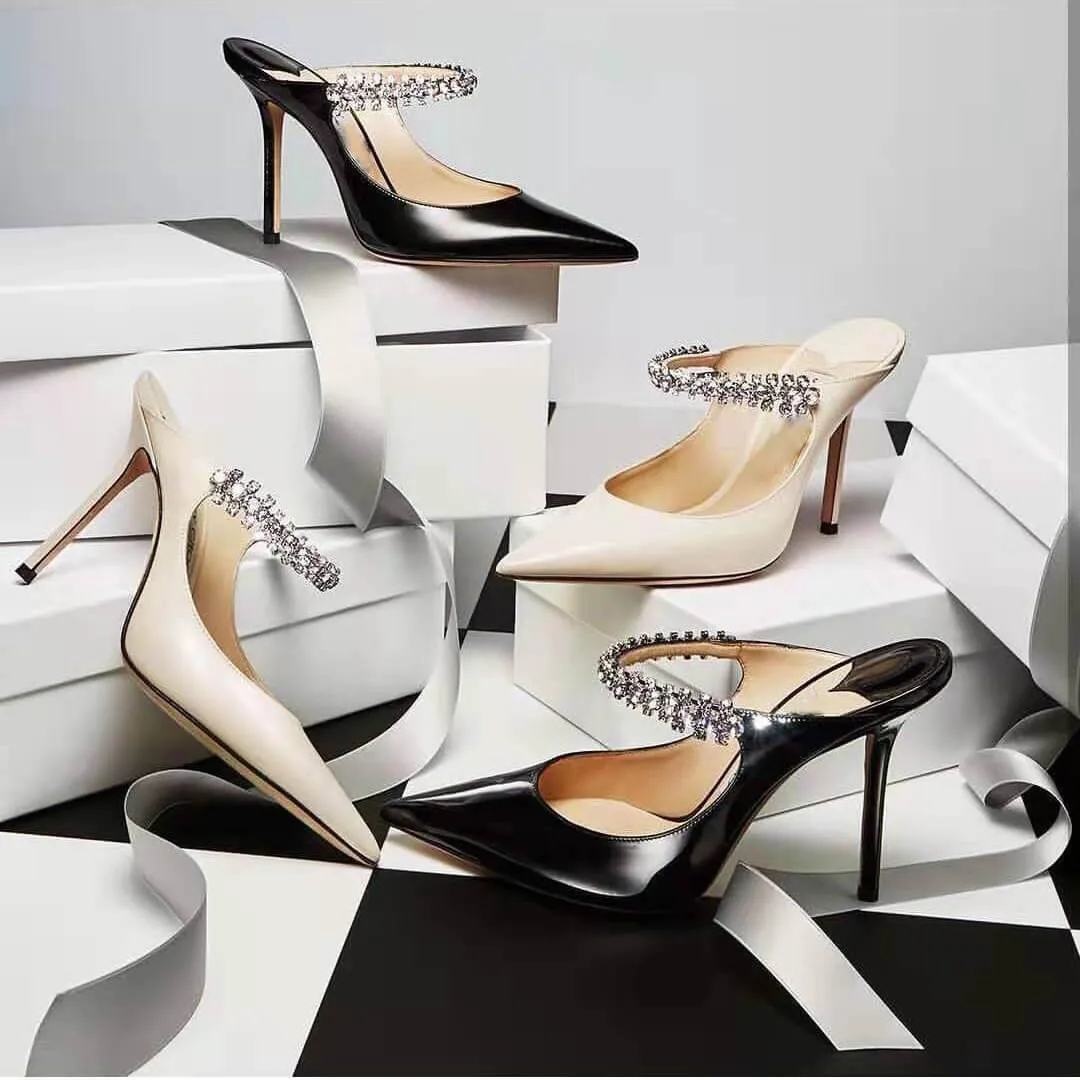 Sexy Leather Rhinestone Point Toe Mule Pumps
