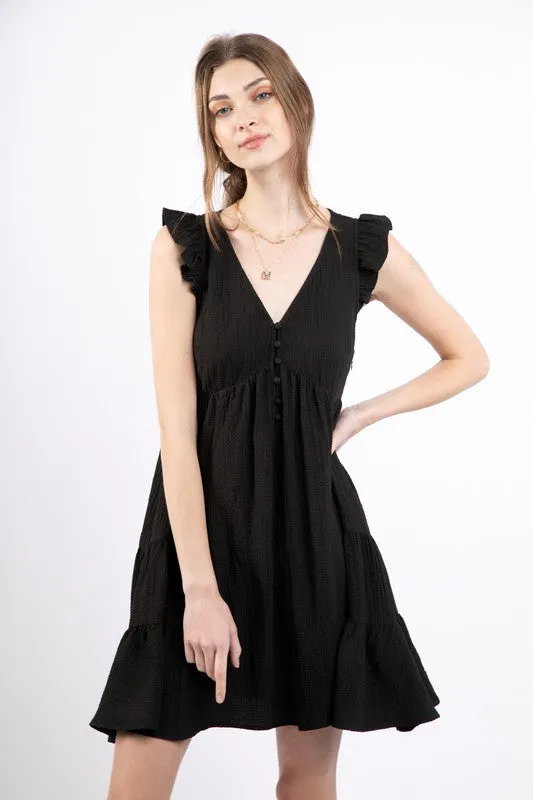 V-Neck Ruffle Sleeve Tiered Button-Front Mini Dress