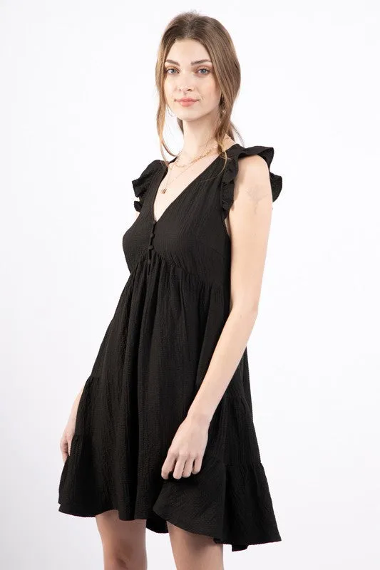 V-Neck Ruffle Sleeve Tiered Button-Front Mini Dress