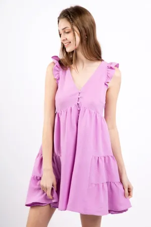 V-Neck Ruffle Sleeve Tiered Button-Front Mini Dress