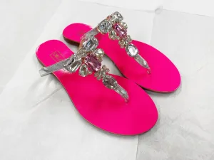 Ventutto Rio Fuchsia Silver Crystal Cluster T-Strap Slippers - 9