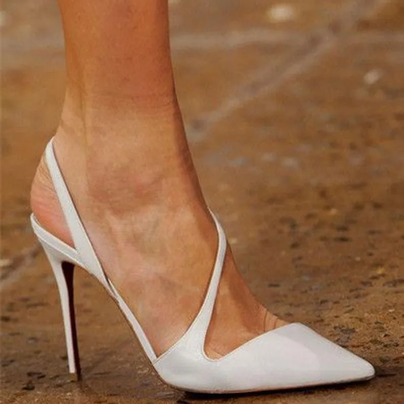 White Leather Point Toe Cutout Pumps